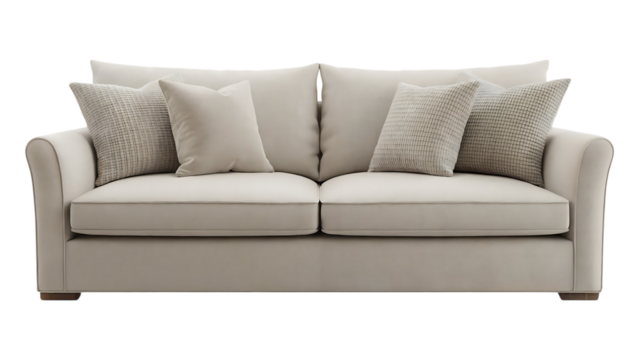 Comfortable beige sofa with decorative pillows isolated on transparent background for a modern and relaxing living room