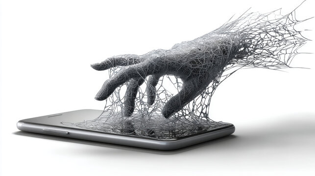 Spiderweb, An artistic representation, a hand emerges from a smartphone screen and becomes entangled in a large, intricate spiderweb. Symbolizing being trapped in the digital world. Minimalist