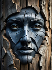 mysterious face emerges from cracked wood, evoking intrigue and eeriness