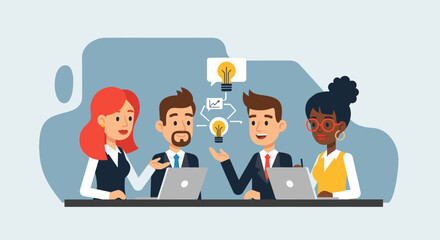 A diverse team of professionals collaborates on new ideas, sharing insights and fostering innovation in a modern business environment.
