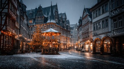 Obraz premium Snowy Christmas market square at twilight