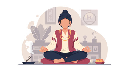 A serene individual finds inner peace and tranquility through meditation, practicing mindfulness in a calming, spiritual home environment.