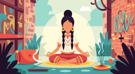 A serene woman finds inner peace and mindfulness while meditating outdoors in a tranquil urban setting, surrounded by vibrant greenery and artistic graffiti.