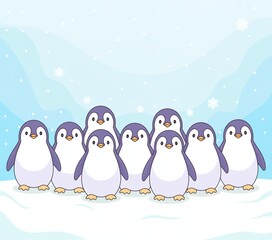 Cute Cartoon Penguins in Snow with Falling Snowflakes generative ai