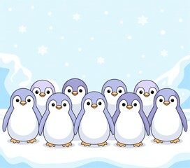 Naklejka premium Cute Cartoon Penguins in Snow with Falling Snowflakes generative ai