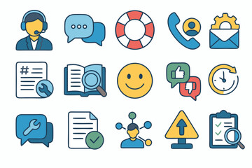 Fototapeta premium Flat Vector Icons Representing Customer Support and Service Features Including Live Chat, Knowledge Base, Technical Assistance, Feedback, CRM Integration, Complaint Resolution, and Quality Monitoring