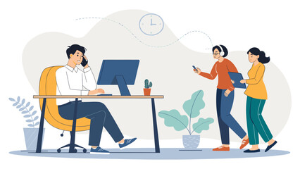 Professionals engage in various tasks within a contemporary office, highlighting teamwork, digital communication, and a productive work environment.