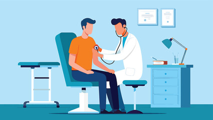 Vector illustration of a physician using a stethoscope and sphygmomanometer on a man in a clinic. Medical consultation concept.