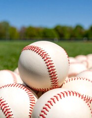 Baseball stacked on a grassy field