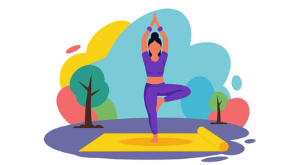 An illustrated woman practices the peaceful tree yoga pose on a mat amidst a vibrant, abstract outdoor setting, promoting wellness and mindfulness.