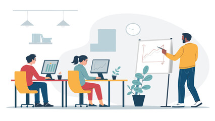 In a modern office, a trainer leads an engaging session while employees diligently work on computers, fostering a collaborative environment for learning and growth.