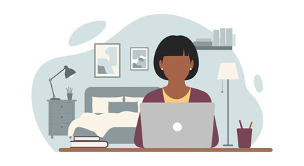 An African American woman works diligently on her laptop from the comfort of her stylish bedroom, embodying modern remote work flexibility.