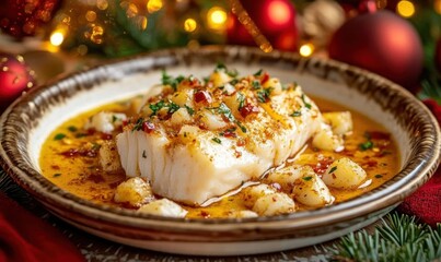 Bacalao al pil pil traditional tapa from north Spain. Codfish cooked with a delicious sauce made with oil- codfish and garlic. Christmas food served on a table decorated with Christmas motifs