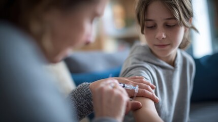 Medium shot capturing a caregiver supporting a juvenile arthritis patient selfadministering biologic injection focus on hands and syringe face gently out of focus.