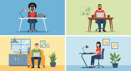 Diverse individuals engage in remote work and online learning from various comfortable home environments, highlighting modern digital lifestyles.