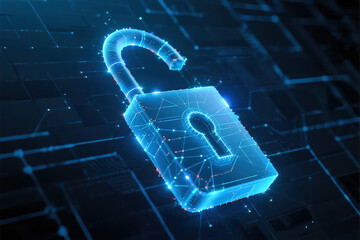 Futuristic glowing blue 3D lock shape with particle effects on dark blue background, technology and digital security concept.