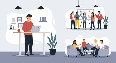 This illustration showcases a dynamic modern office environment, highlighting both focused individual work at a standing desk and collaborative team discussions.