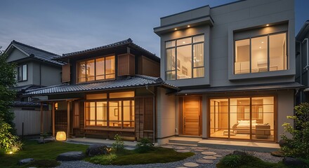 Obraz premium Artistic Japan home exterior enhanced by urban townhouse with sleek contemporary facade