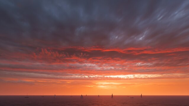 red sunset over the sea with a cloudy sky before the storm and sailboats on the sea. 3d render