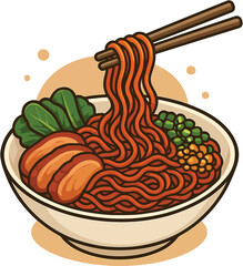 Yamin noodle vector illustration with chicken and vegetable topping