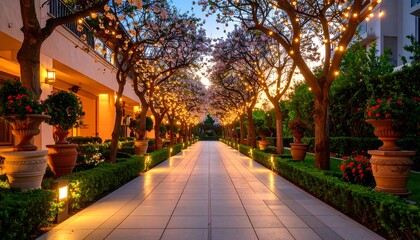 Obraz premium Illuminated Pathway Lined with Blossoming Trees and Decorative Lights at Dusk
