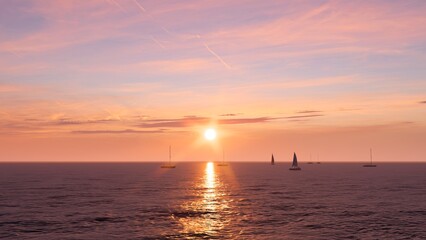 3d render sunset over the sea with cloudy sky and sailboats on the sea