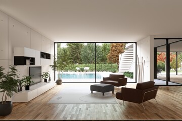 modern living room 3d render with pool view, interior design. Modern architecture