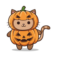 Cute Cat in Halloween Cosplay with Pumpkin Vector Illustration