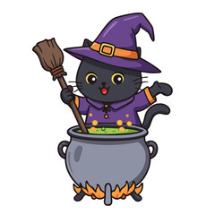 Cute Black Cat Cooking Magic Spell in Cauldron Vector Illustration