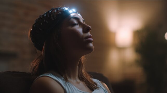 Medium shot capturing a side profile of a person immersed in an EEG neuromodulation session with the headband glowing subtly and the rest of the room blurred creating an intimate