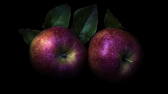 Two ripe red apples with leaves on black background.