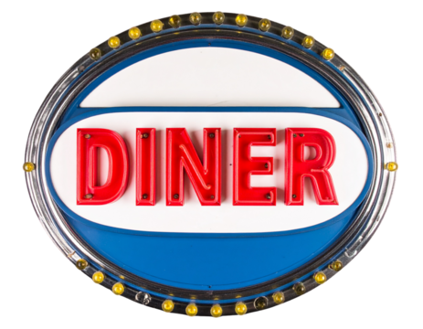 Vintage Neon Diner Signboard with Chrome Edges, Front View, Isolated on Transparent Background