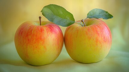 Two ripe apples with leaves on pastel background.
