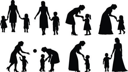 Adult child interaction silhouette, parenting vector illustration, mother and kids, black clipart design, family bonding graphic, educational concept, guidance poses