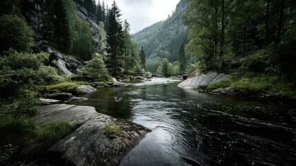 Fototapeta premium Serene river flows through a lush green valley surrounded by trees and rocky slopes