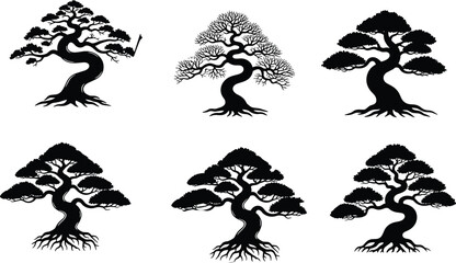 Bonsai tree silhouette set, Japanese art illustration, nature icon collection, black vector design, oriental plant shape, minimal graphic style