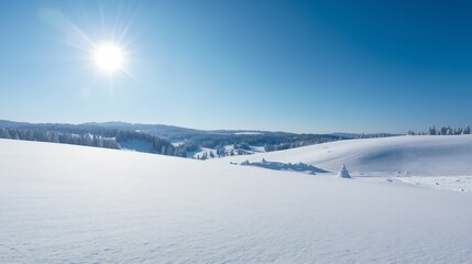 Winter Landscape, snow-covered hills and pine trees under a clear blue sky, with soft sunlight casting gentle shadows across the pristine white scenery.