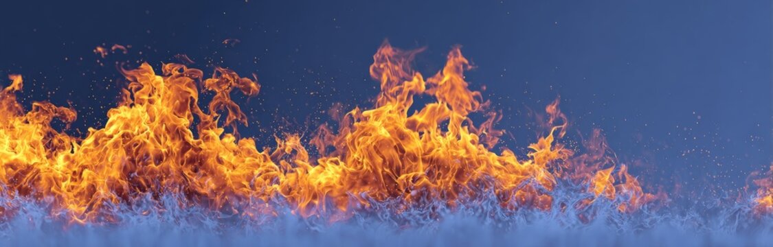 Fiery flames and smoke against a muted blue background
