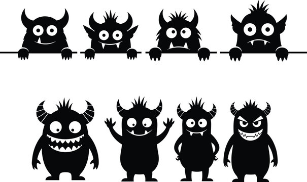 Cartoon monster illustrations, cute spooky creatures, horned monster vector, funny monster clipart, peeking monster faces, full-body monster design, playful scary graphics