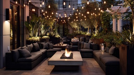 Outdoor patio seating area with string lights and fire pit.