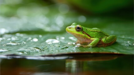 Naklejka premium Green frog sits on a broad leaf covered in droplets, reflected in nearby water