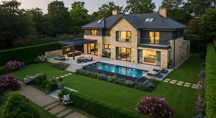 Stylish UK home exterior enhanced by luxury villa featuring landscaped gardens and poolside views