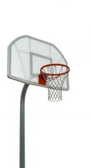 Fan-shaped frosted basketball backboard with orange rim and white net on galvanized pole, three-quarter view outdoor equipment