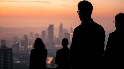 Fototapeta premium People and network, silhouette of people looking at a city to learn more about business
