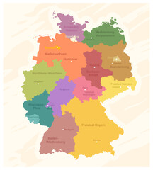 A map of Germany in pastel colors with capitals.