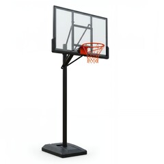 Naklejka premium Clear acrylic basketball backboard with reinforced support structure showing orange rim and net detail on portable adjustable height pole system
