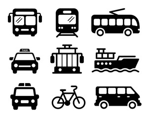 Collection of transportation vehicle silhouettes isolated on white background