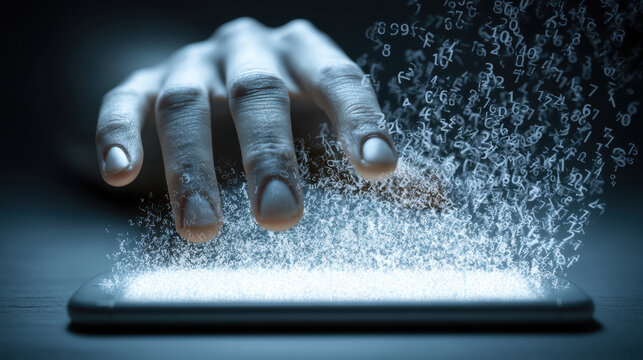 Information Overload, An artistic representation, a hand emerges from a smartphone screen, being overwhelmed by a flood of abstract data, numbers, and symbols. Symbolizing information overload. 