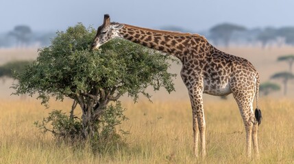 Obraz premium Giraffe reaches for greenery in a dry grassland, trees on the horizon