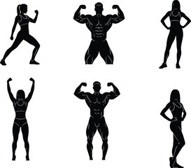 Muscular people silhouette set, black fitness vector, bodybuilding poses clipart, strong male figure illustration, gym workout design elements, flexing icons
